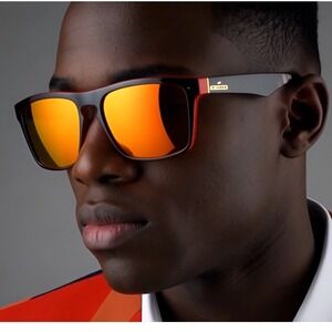 Mens Polarized Sport Sunglasses Red Black Frame Orange Fire Mirror Lenses Beach